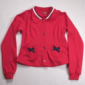 A Dee Red Cotton Jersey Varsity Jacket with Heart Bow Pockets | Size 10